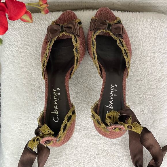 C. BANNER Pink Tweed Lace Detail Open Toe Ribbon Tie Up Kitten Heel Pumps 5.5 - Picture 8 of 12